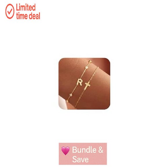 Gold Plated Initial Cross Bracelet Set Adjustable 8.5 Inches - Picture 2 of 8